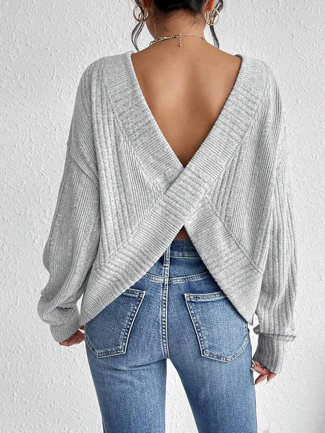 SweatyRocks Women's Criss Cross Round Neck Pullover Sweaters Long Sleeve Loose Cut Out Back Knit Tee Tops Backless Shirts