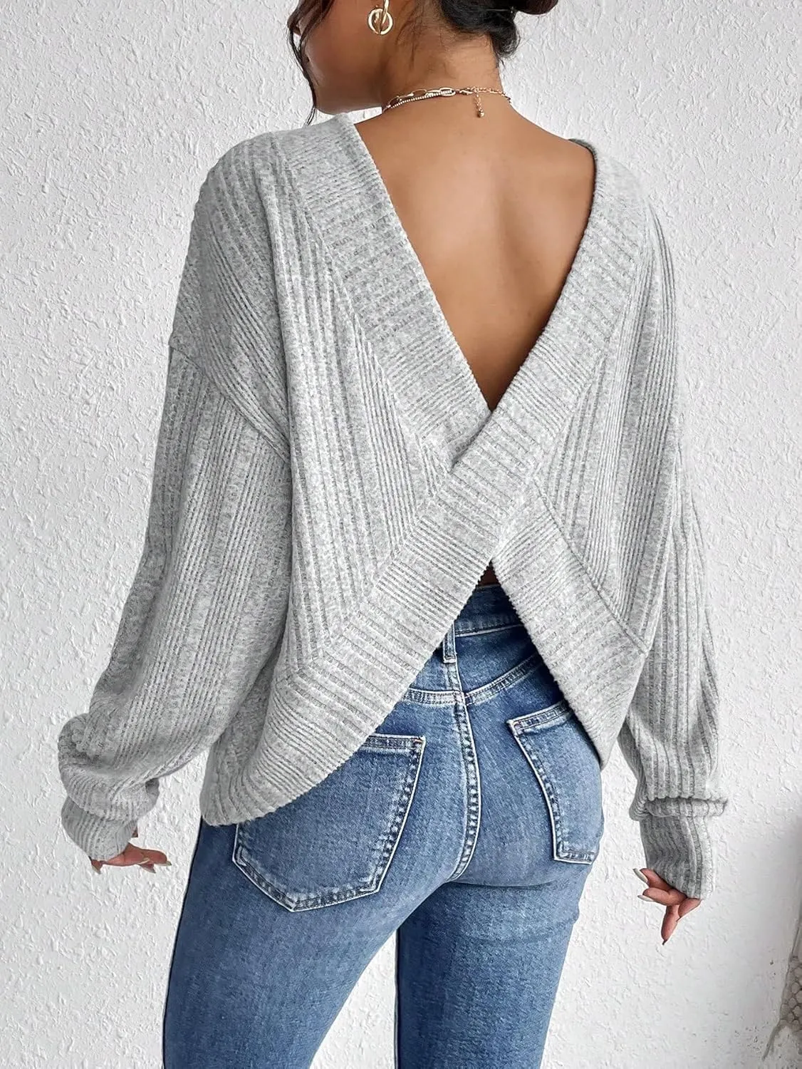 SweatyRocks Women's Criss Cross Round Neck Pullover Sweaters Long Sleeve Loose Cut Out Back Knit Tee Tops Backless Shirts