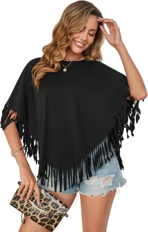 SweatyRocks Women's Half Short Sleeve Fringe Trim Top Round Neck Asymmetrical Hem Loose Tee Shirts Blouse