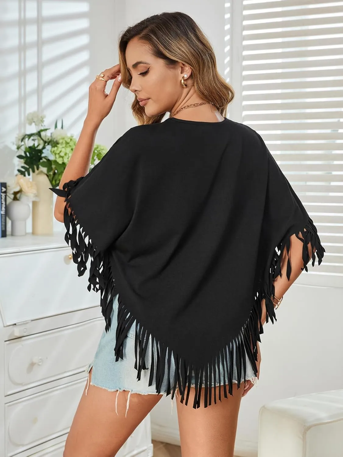 SweatyRocks Women's Half Short Sleeve Fringe Trim Top Round Neck Asymmetrical Hem Loose Tee Shirts Blouse