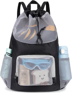 Swim Bag for Kids Drawstring Backpack for Boys Lightweight Mesh Beach Backpack Swimming Pool Sports Gym String Bag Black