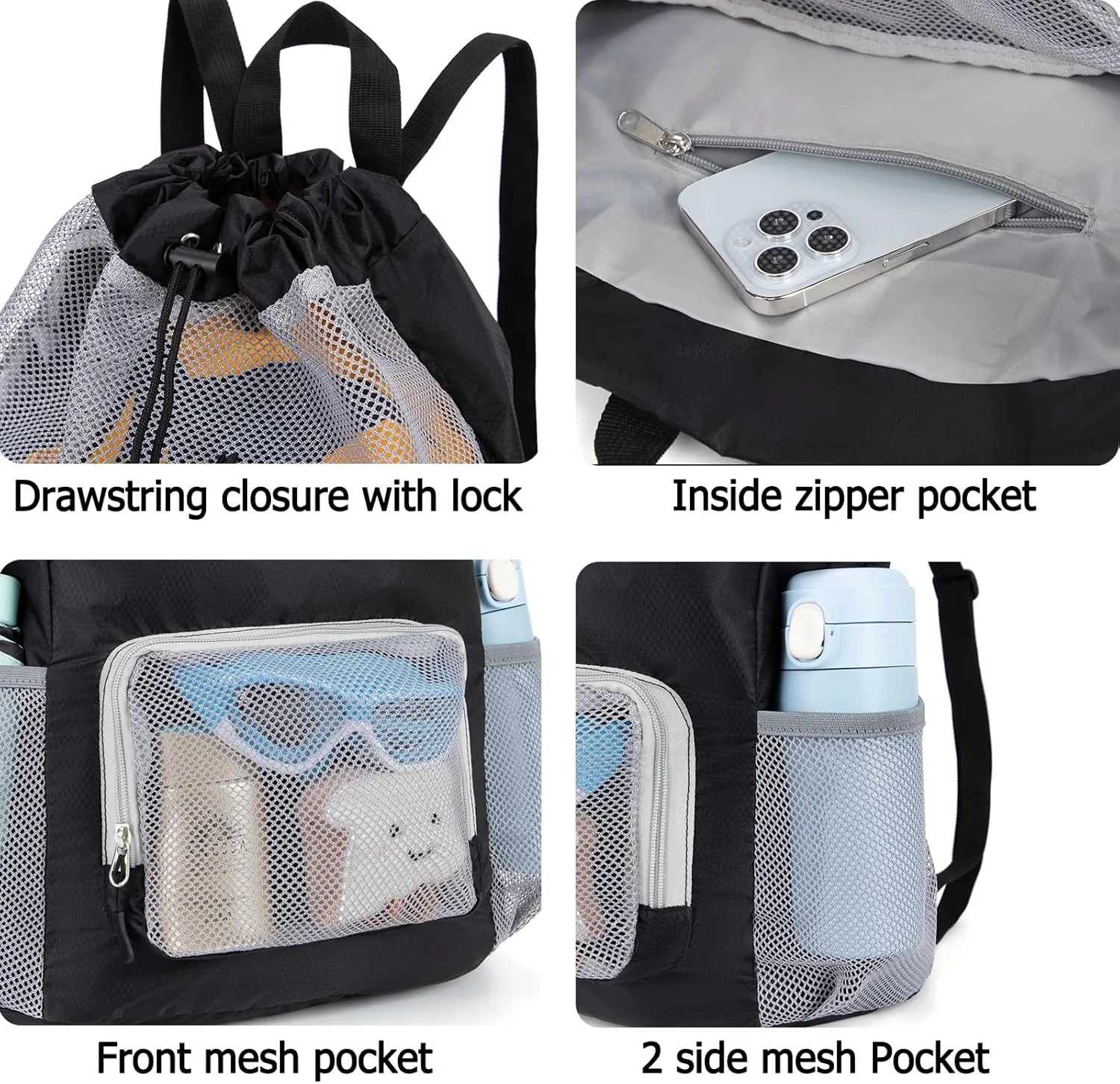 Swim Bag for Kids Drawstring Backpack for Boys Lightweight Mesh Beach Backpack Swimming Pool Sports Gym String Bag Black