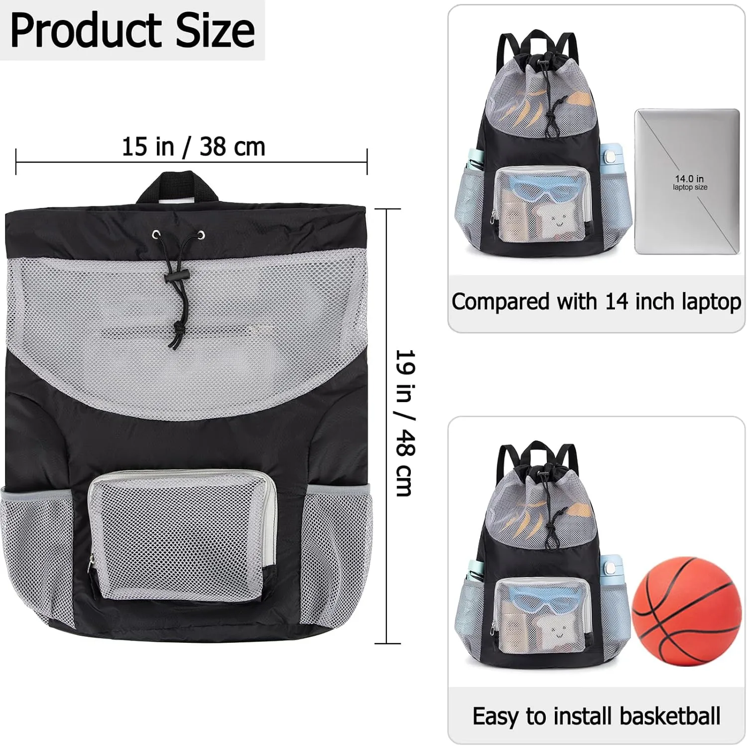 Swim Bag for Kids Drawstring Backpack for Boys Lightweight Mesh Beach Backpack Swimming Pool Sports Gym String Bag Black