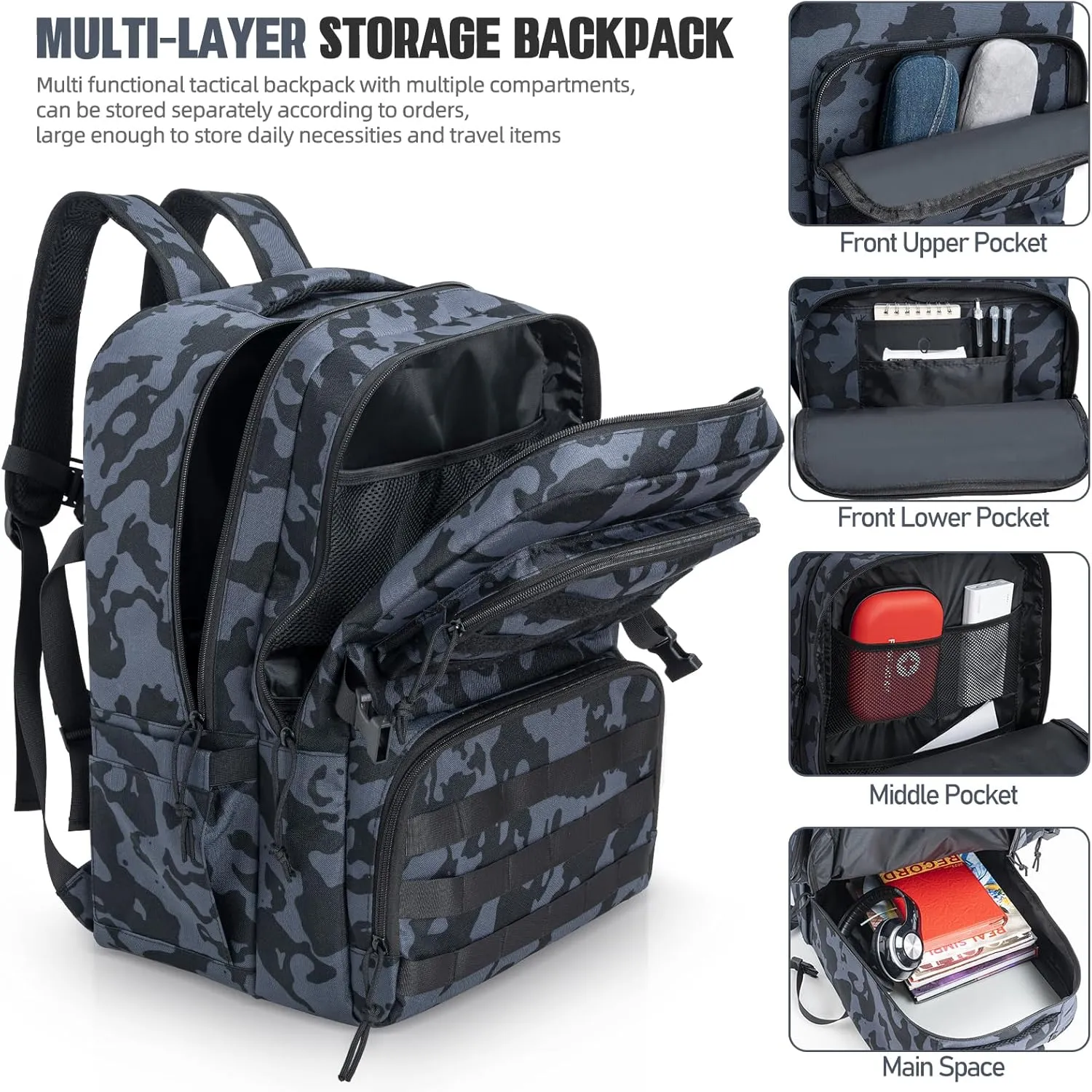 Tactical Backpack Water-resistant Military MOLLE Assault Backpack Bag for Hunting Camping Travel,13" Lx 12" W x 20" H Black Camo