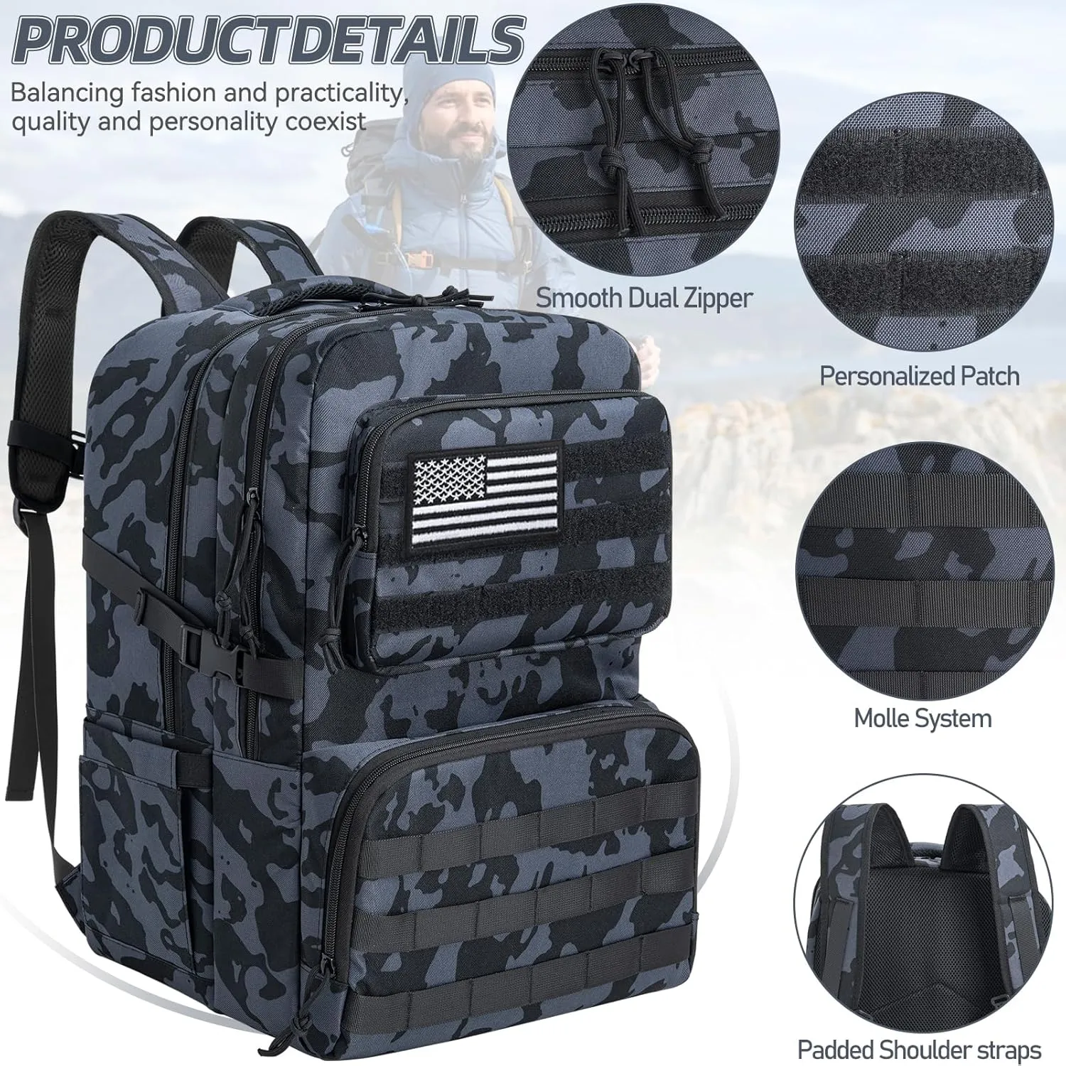 Tactical Backpack Water-resistant Military MOLLE Assault Backpack Bag for Hunting Camping Travel,13" Lx 12" W x 20" H Black Camo