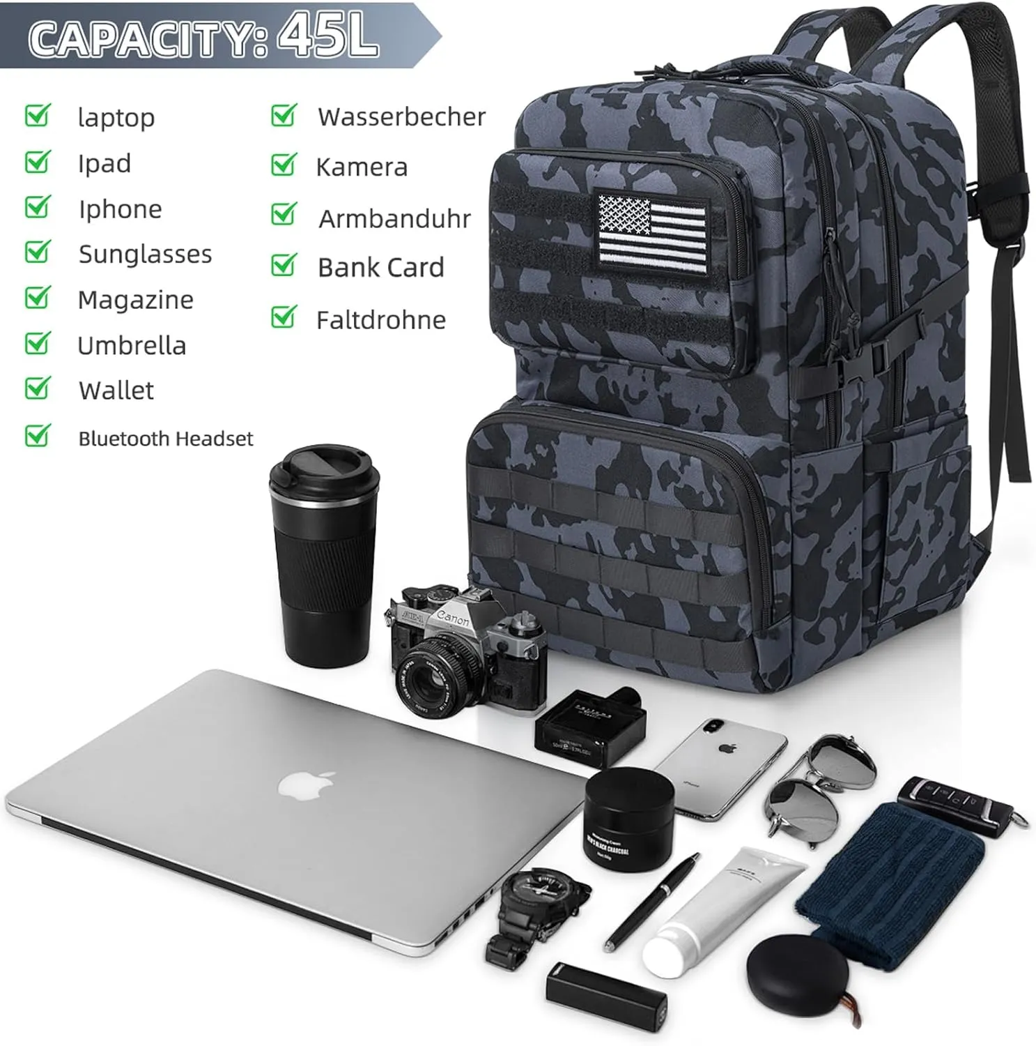 Tactical Backpack Water-resistant Military MOLLE Assault Backpack Bag for Hunting Camping Travel,13" Lx 12" W x 20" H Black Camo