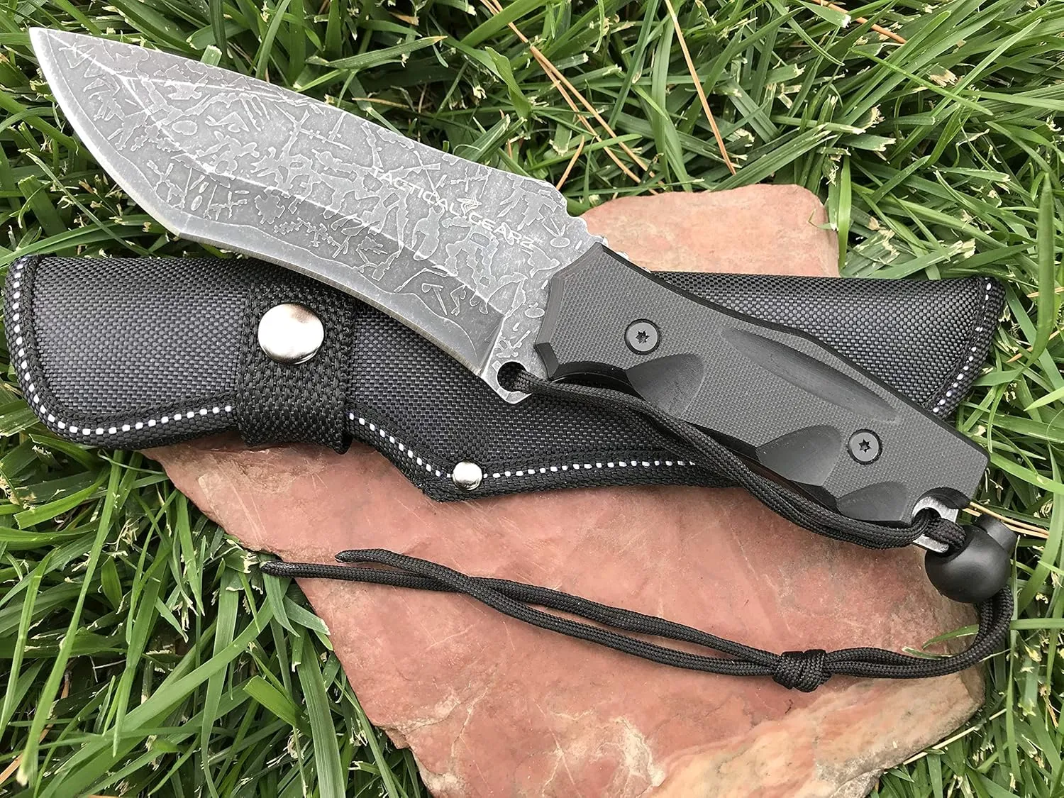 TACTICAL GEARZ 9.5" Straight Hunting Knife w/Sheath, Solid Full Tang 440c Stainless Steel Etched Scimitar Blade, G10 Slab Handle