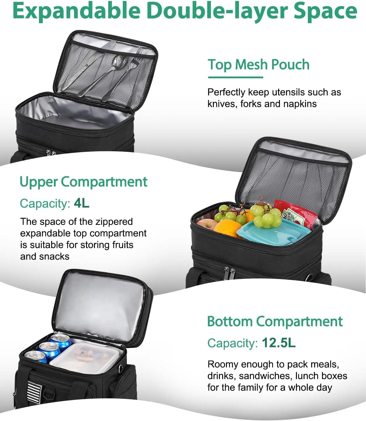 Tactical Lunch Box for Men, Large Insulated Lunch Bag Adult, Heavy Duty Double Deck Expandable Lunch Cooler Bag Leakproof Waterproof Lunch Tote for Work Office Camping Travel - Black