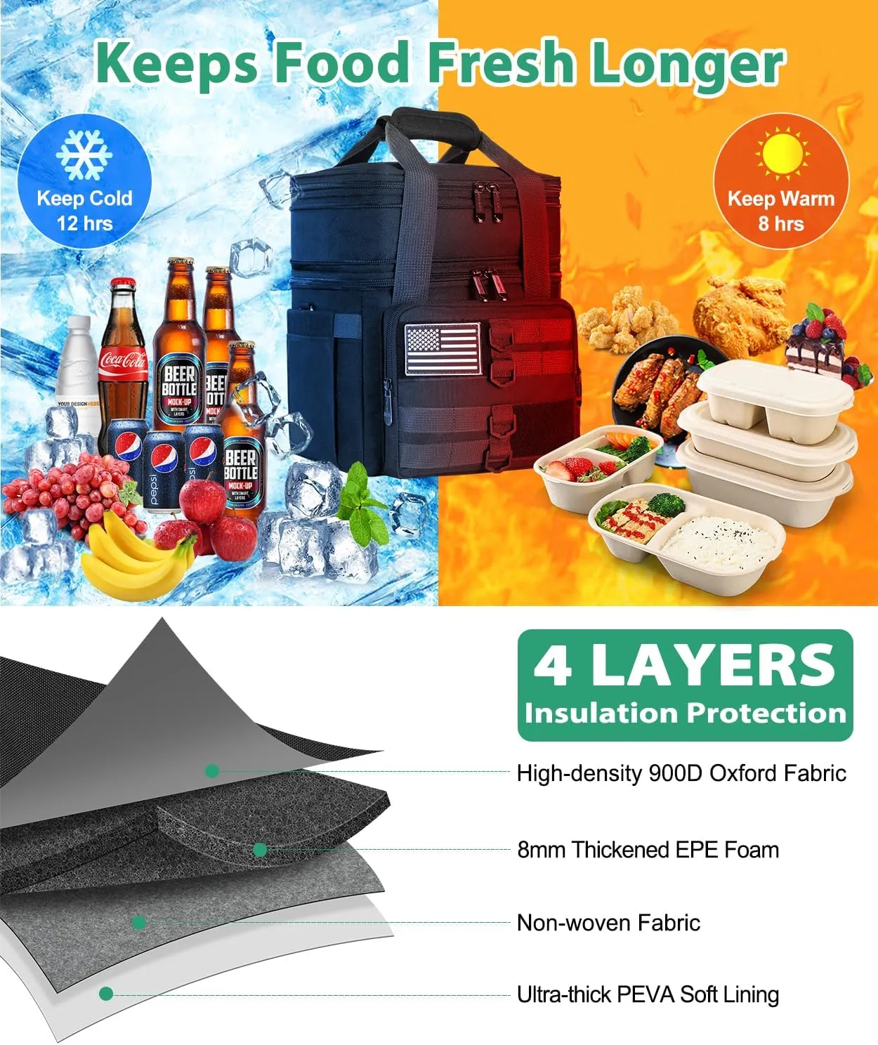 Tactical Lunch Box for Men, Large Insulated Lunch Bag Adult, Heavy Duty Double Deck Expandable Lunch Cooler Bag Leakproof Waterproof Lunch Tote for Work Office Camping Travel - Black