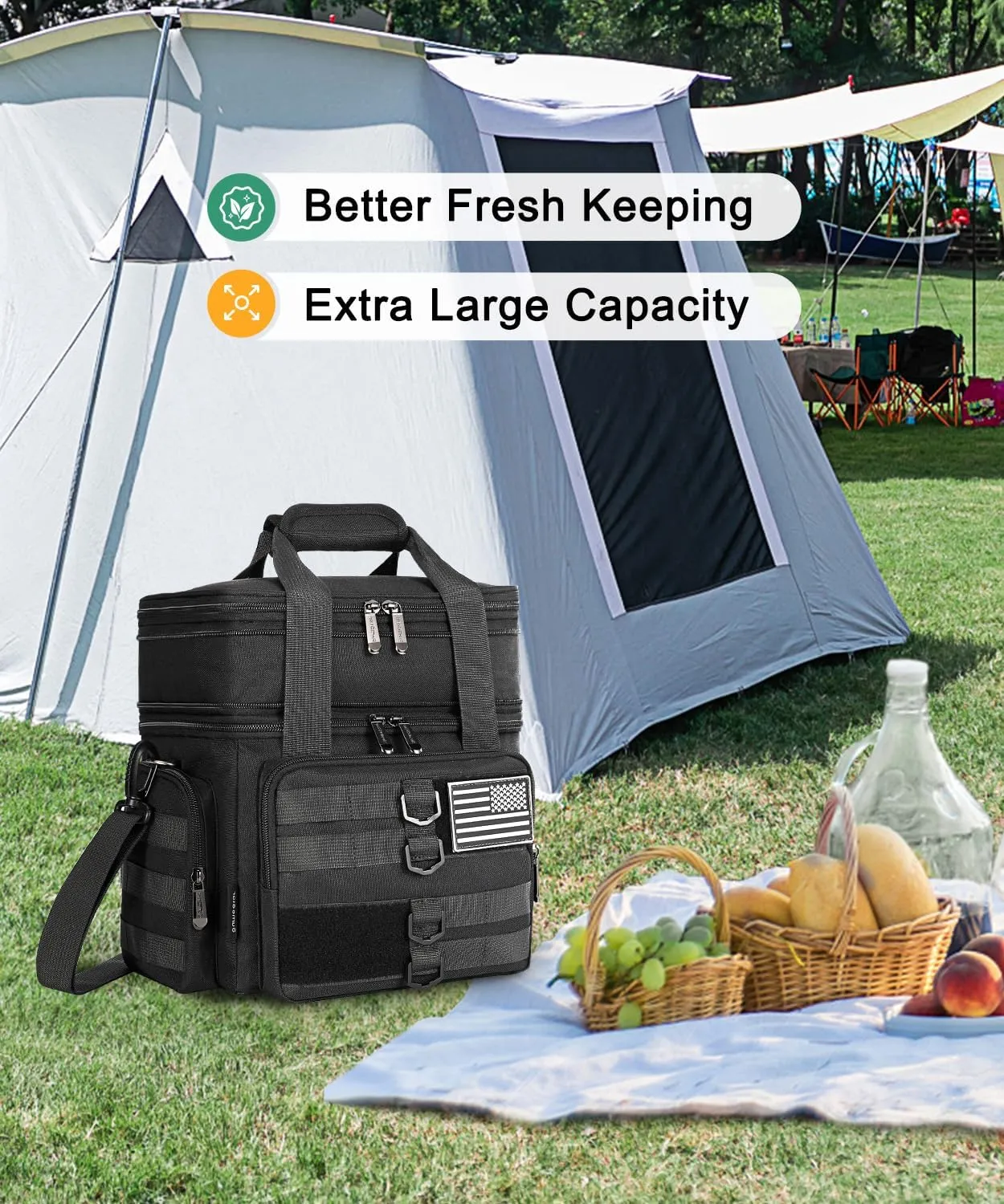 Tactical Lunch Box for Men, Large Insulated Lunch Bag Adult, Heavy Duty Double Deck Expandable Lunch Cooler Bag Leakproof Waterproof Lunch Tote for Work Office Camping Travel - Black