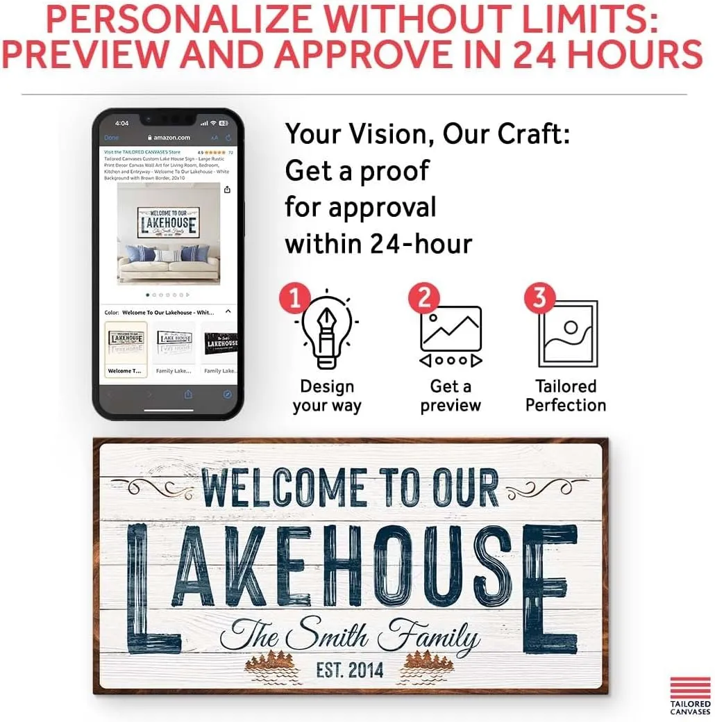 Tailored Canvases Custom Lake House Sign - Large Rustic Print Decor Canvas Wall Art for Living Room, Bedroom, Kitchen and Entryway - Welcome To Our Lakehouse - White Background with Brown Border, 20x10