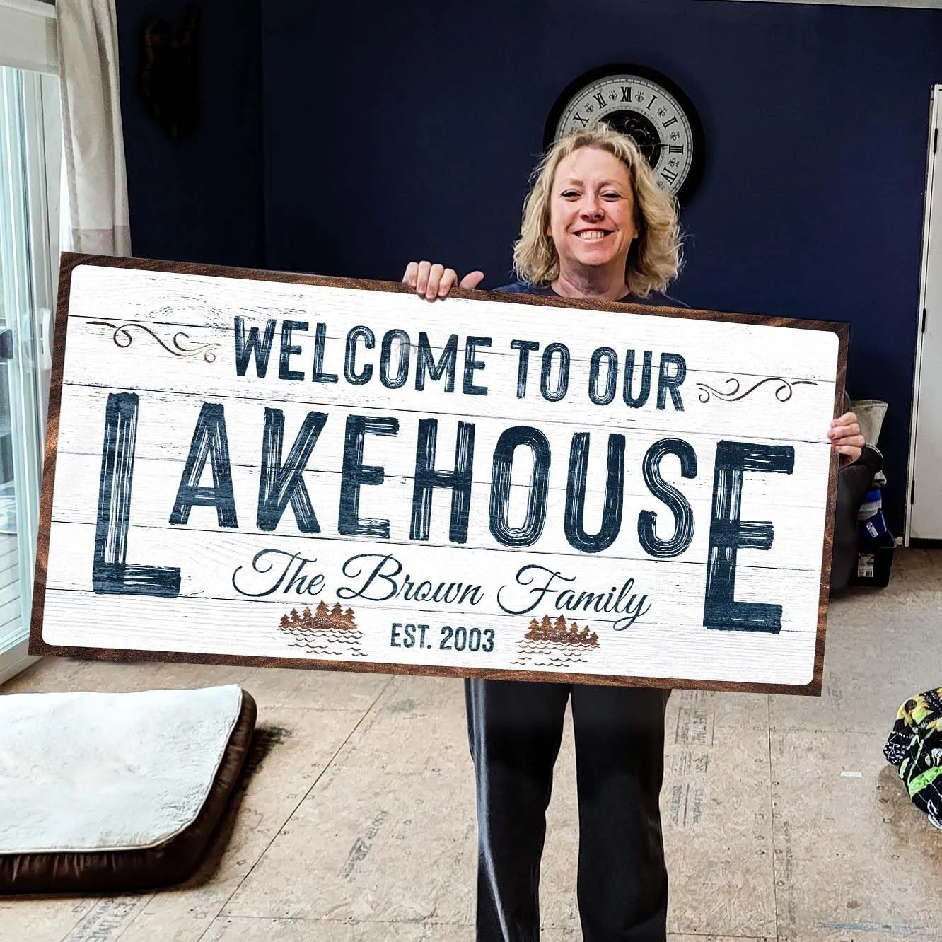Tailored Canvases Custom Lake House Sign - Large Rustic Print Decor Canvas Wall Art for Living Room, Bedroom, Kitchen and Entryway - Welcome To Our Lakehouse - White Background with Brown Border, 20x10
