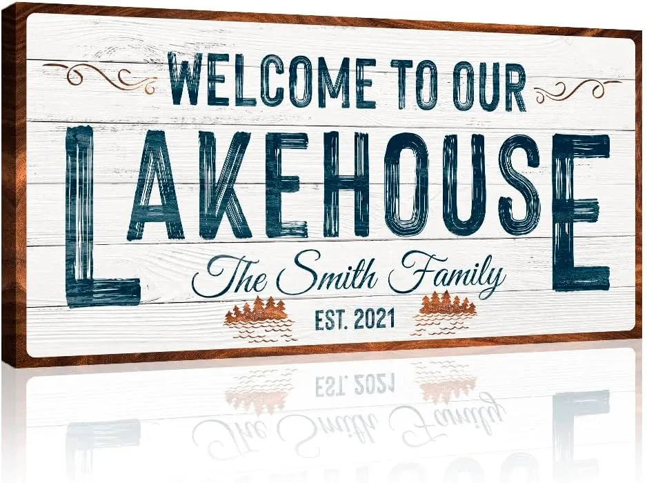 Tailored Canvases Custom Lake House Sign - Large Rustic Print Decor Canvas Wall Art for Living Room, Bedroom, Kitchen and Entryway - Welcome To Our Lakehouse - White Background with Brown Border, 20x10