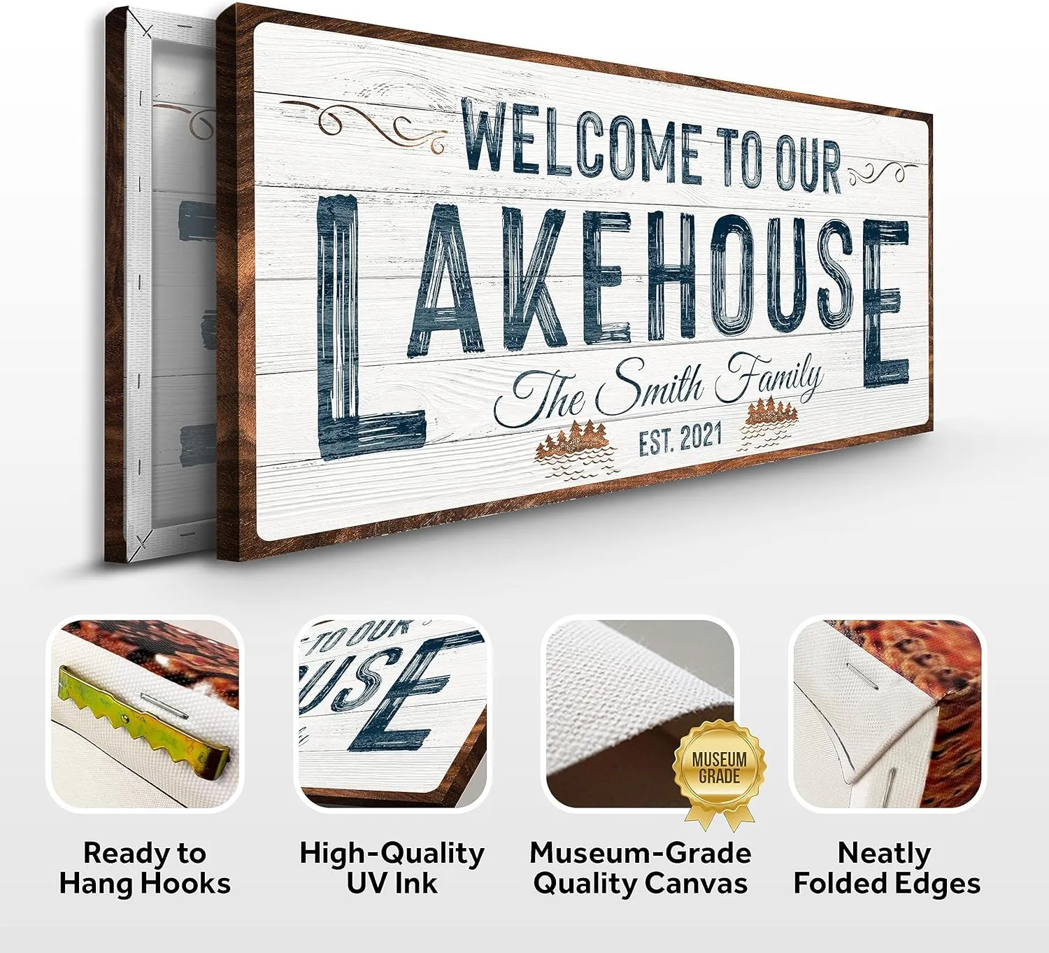 Tailored Canvases Custom Lake House Sign - Large Rustic Print Decor Canvas Wall Art for Living Room, Bedroom, Kitchen and Entryway - Welcome To Our Lakehouse - White Background with Brown Border, 20x10