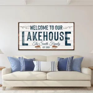 Tailored Canvases Custom Lake House Sign - Large Rustic Print Decor Canvas Wall Art for Living Room, Bedroom, Kitchen and Entryway - Welcome To Our Lakehouse - White Background with Brown Border, 20x10