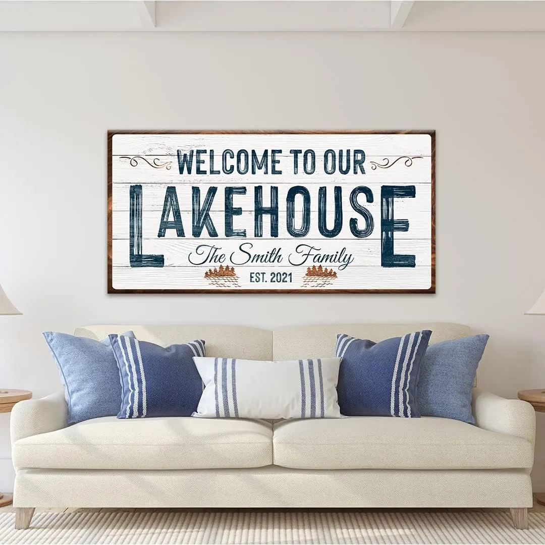 Tailored Canvases Custom Lake House Sign - Large Rustic Print Decor Canvas Wall Art for Living Room, Bedroom, Kitchen and Entryway - Welcome To Our Lakehouse - White Background with Brown Border, 20x10