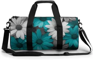 Teal Turquoise And Gray Daisies Travel Gym Bag for Women Men Cylindrical Duffle Bag Sport Workout Bag with Shoulder Strap