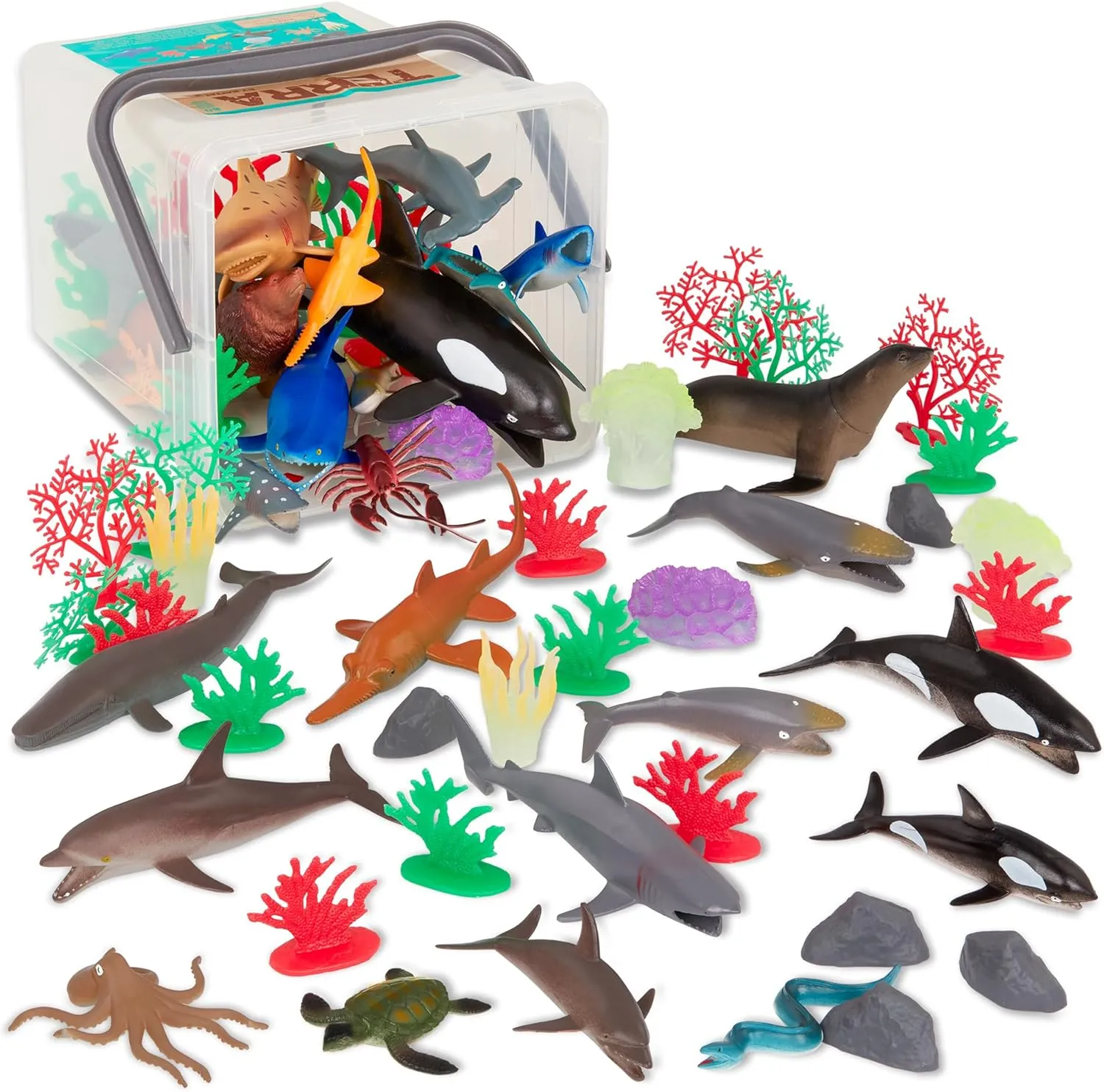 Terra by Battat – 60 Pcs Marine World – Realistic Ocean Animals Toys – Plastic Sea Animal Figurines & Accessories – Shark, Whale, Dolphin & More for Kids and Toddlers 3 