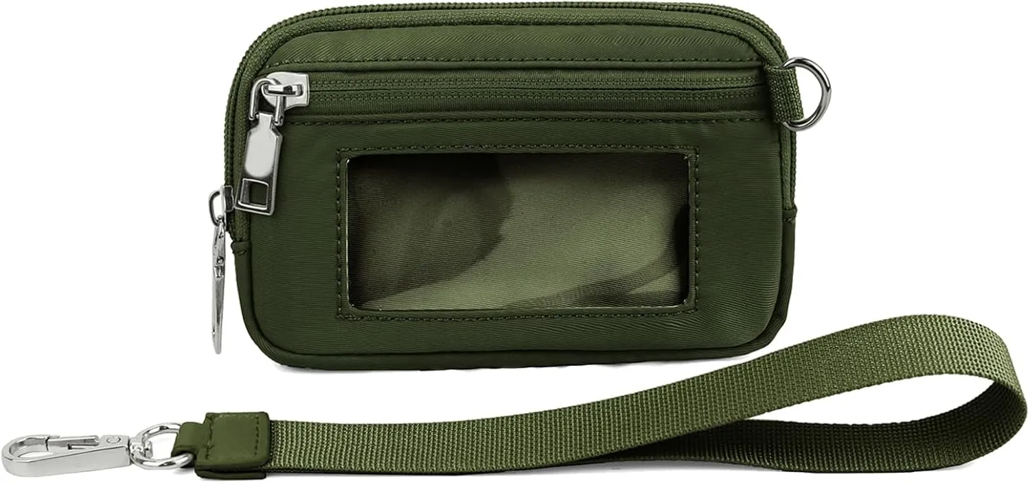 The Iris' Wallet, Women's Wristlet Handbags, Waterproof Nylon Keychain Wallet, Zip Card Case with ID Window (Green)