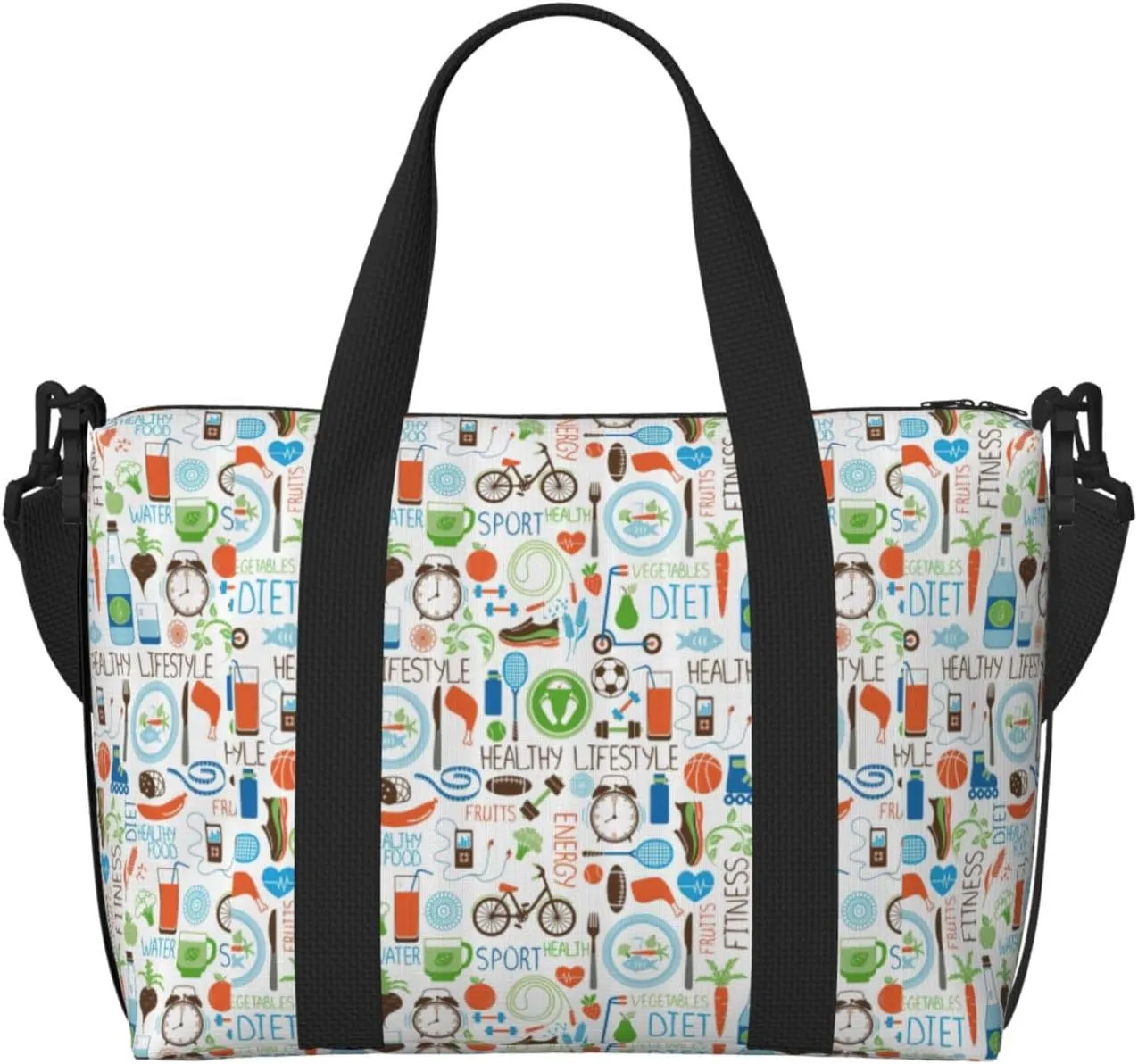 The Nature Wildlands Activities Pattern Print Tote Crossbody Travel Bag with Zip Casual Handbag for Weekend Trips and Gym Shopping, Black, One Size, Travel Tote