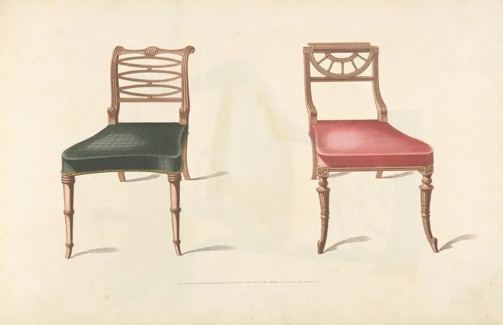 Thomas Sheraton 18x13 Gallery Wrapped Canvas Museum Art Print Titled: Two Chairs with Red, Black Cushions (1805-1806)