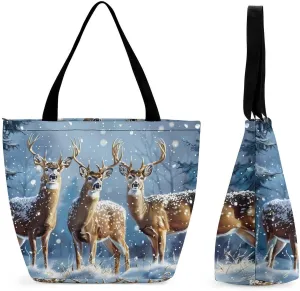 Three Deers Winter Day Women's Tote Bag Casual Shopping Bags Fashion Handbags Gifts for Travel Work Holiday