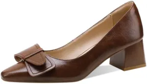 TinaCus Women's Genuine Leather Handmade Decorated Belt Square Toe Office Slip On Pumps Shoes