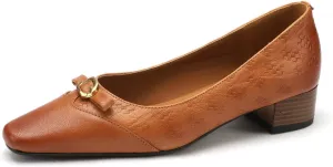 TinaCus Women's Genuine Leather Handmade Embossing Decorated Buckle Slip On Square Toe Office Pumps Shoes