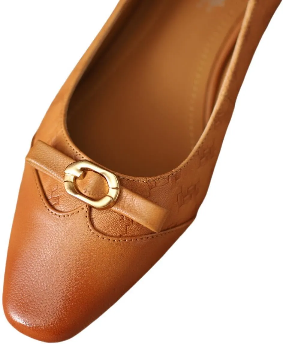 TinaCus Women's Genuine Leather Handmade Embossing Decorated Buckle Slip On Square Toe Office Pumps Shoes
