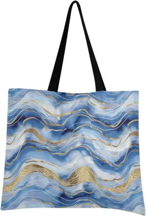 Tonal Blue Gold and White Watercolor Dyed Canvas Tote Bag for Women, Reusable Grocery Bag Casual Shoulder Bag for Shopping Travel
