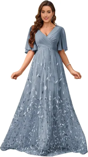 TORYEMY Sequin Short Sleeve Mother of The Bride Dresses for Women Formal Evening Gown Chiffon V Neck Wedding Guest Dress