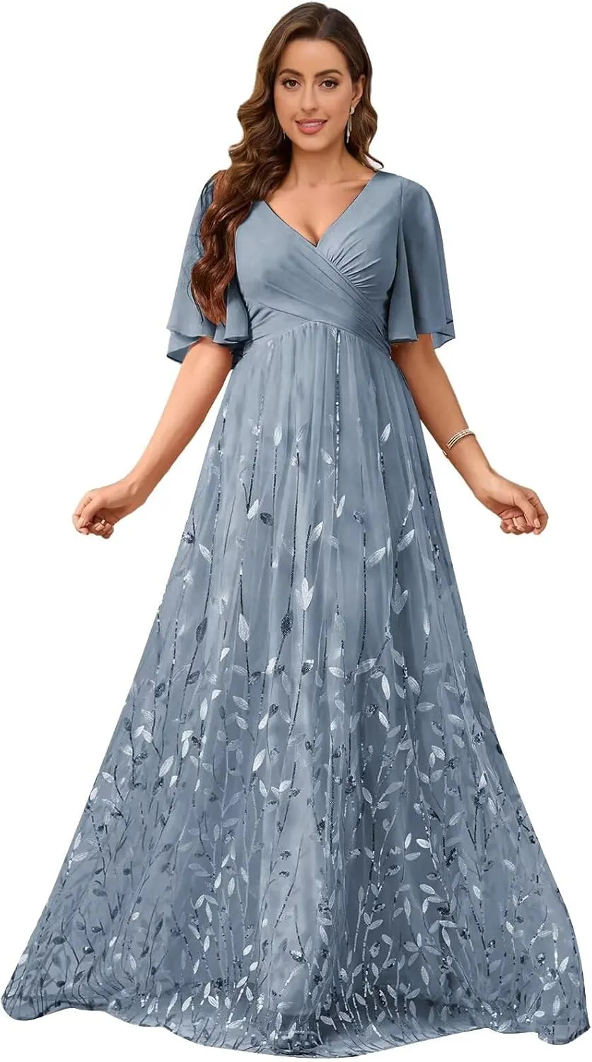 TORYEMY Sequin Short Sleeve Mother of The Bride Dresses for Women Formal Evening Gown Chiffon V Neck Wedding Guest Dress