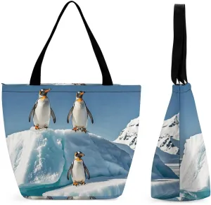 Tote Bag for Women Cute Handbags Penguins On The Iceberg Reusable Grocery Bag with Zipper Shopping Bag Beach Bag Travel Bag Gym Bag for Mom Teachers Friends Bridesmaids