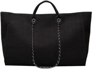 Tote Bags Women Canvas Bag Chain Large Capacity Tote Bag Portable Shopping Bag Handbag Beach Bag (large BLACK)