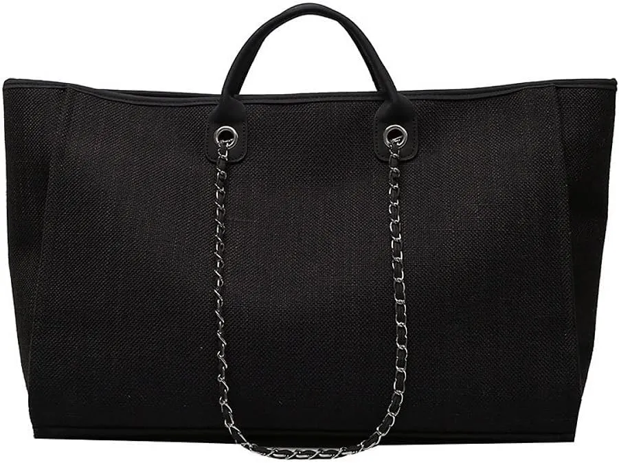 Tote Bags Women Canvas Bag Chain Large Capacity Tote Bag Portable Shopping Bag Handbag Beach Bag (large BLACK)