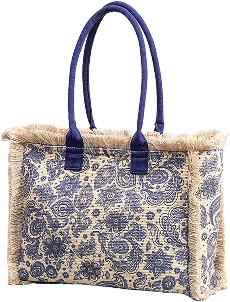 Tote handbag large capacity canvas women's shoulder bag beach bag tassel embroidery niche design (5)