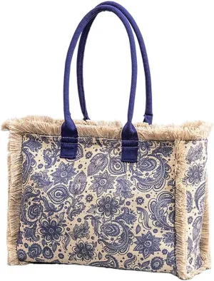 Tote handbag large capacity canvas women's shoulder bag beach bag tassel embroidery niche design (5)