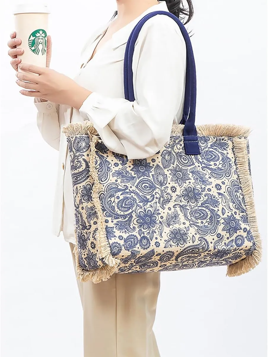Tote handbag large capacity canvas women's shoulder bag beach bag tassel embroidery niche design (5)