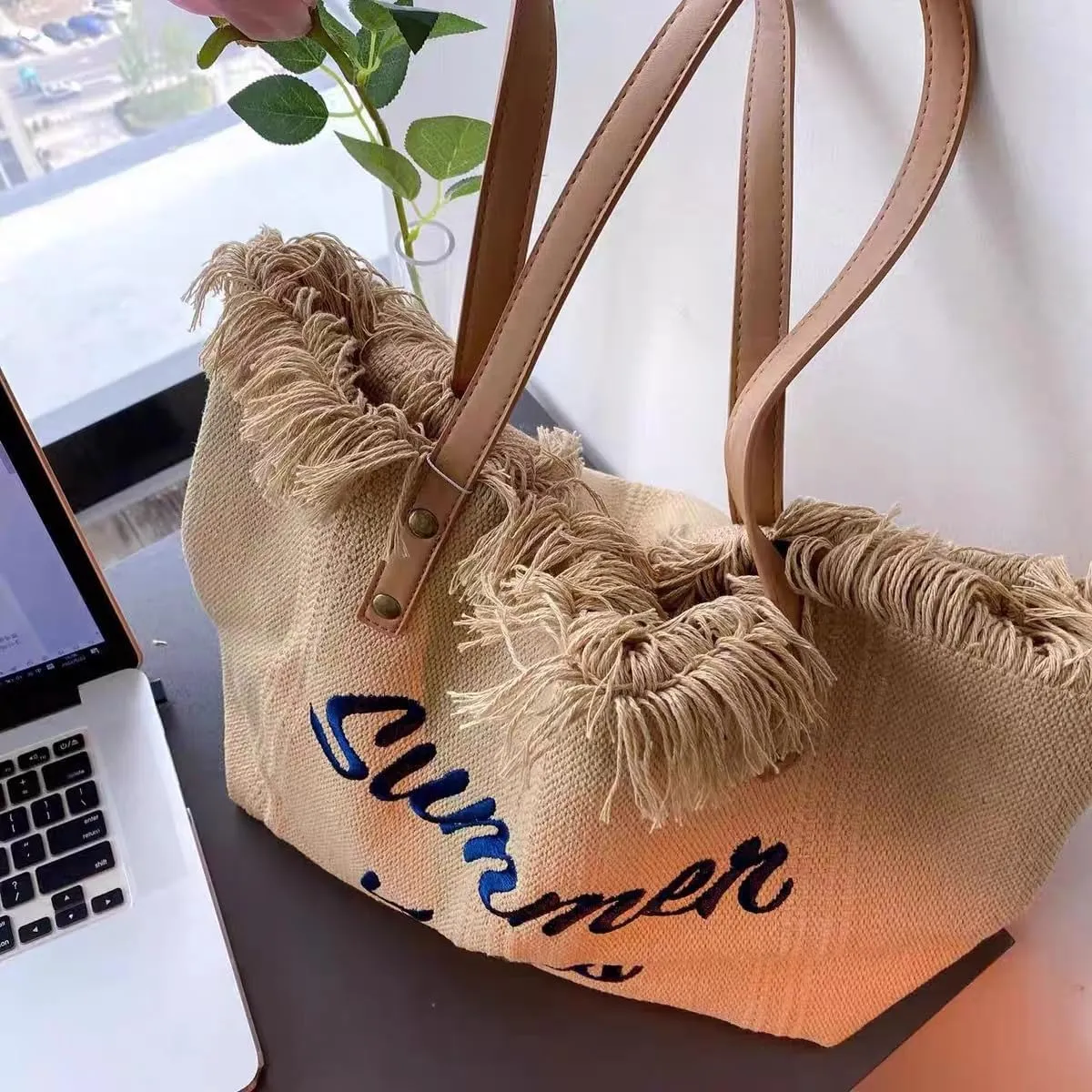 Tote handbag large capacity canvas women's shoulder bag beach bag tassel embroidery niche design temperament (khaki)