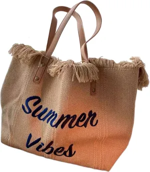 Tote handbag large capacity canvas women's shoulder bag beach bag tassel embroidery niche design temperament (khaki)