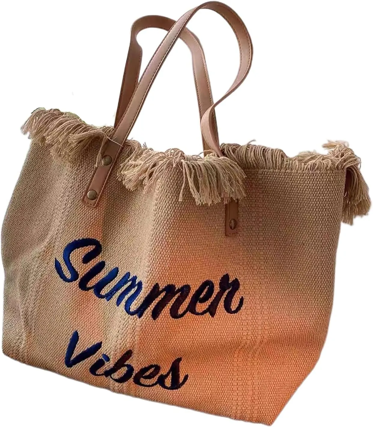 Tote handbag large capacity canvas women's shoulder bag beach bag tassel embroidery niche design temperament (khaki)
