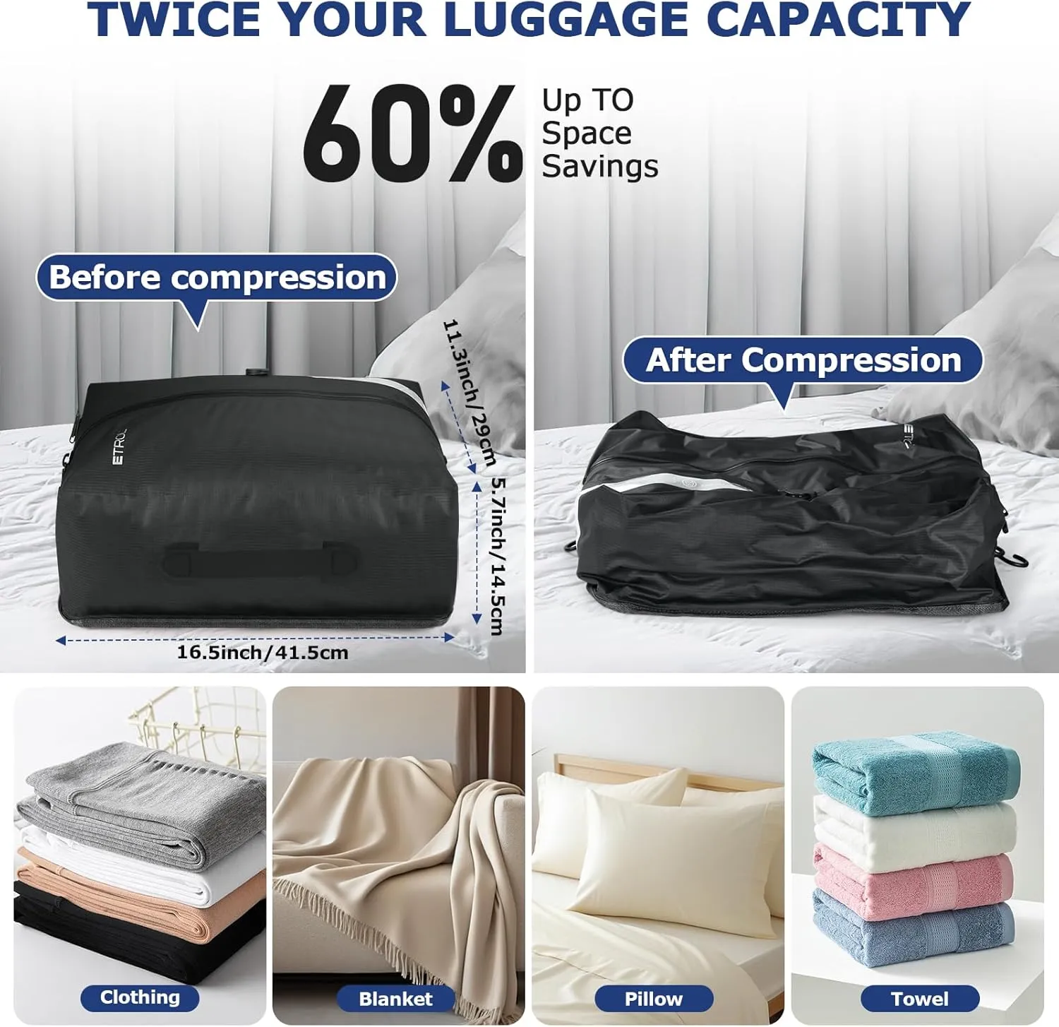 TPU Vacuum Bag for Travel, 70D Nylon Reusable Compression Bag with IP67 Waterproof Zipper, Compression Packing Cubes for Clothing, Space Saver Bags for Luggage and Backpack(Gray-2 PCS)