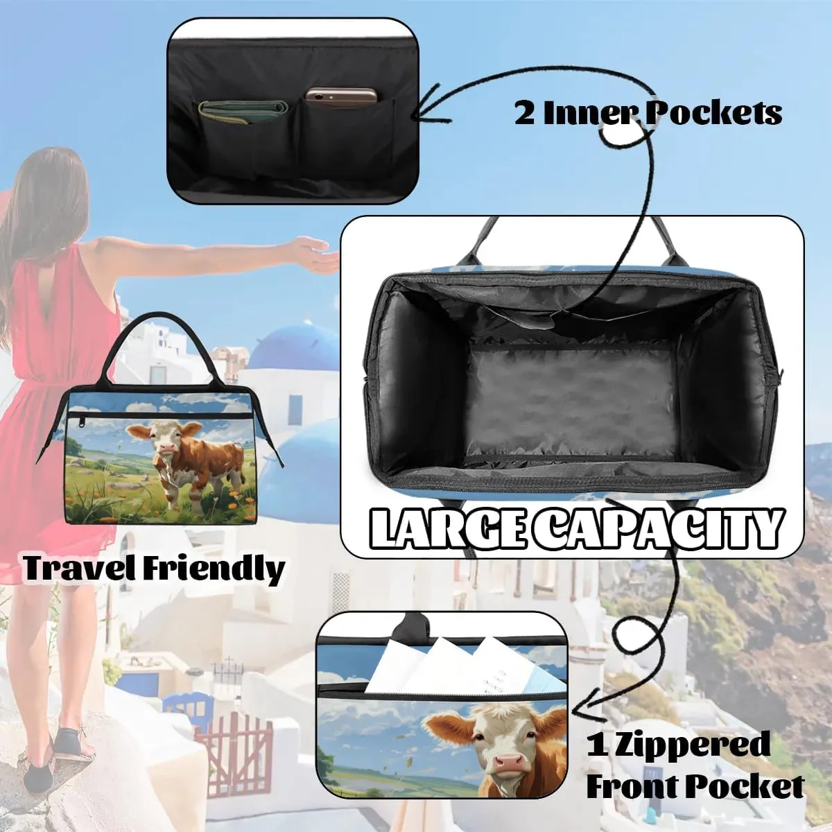 Travel Duffel Bag for Women, Dairy Cow Watercolor Weekender Overnight Bag Carry on Beach Swim Bags Dance Bag Airlines Approved Personal Item Travel Bag for Yoga, Sports, Hospital