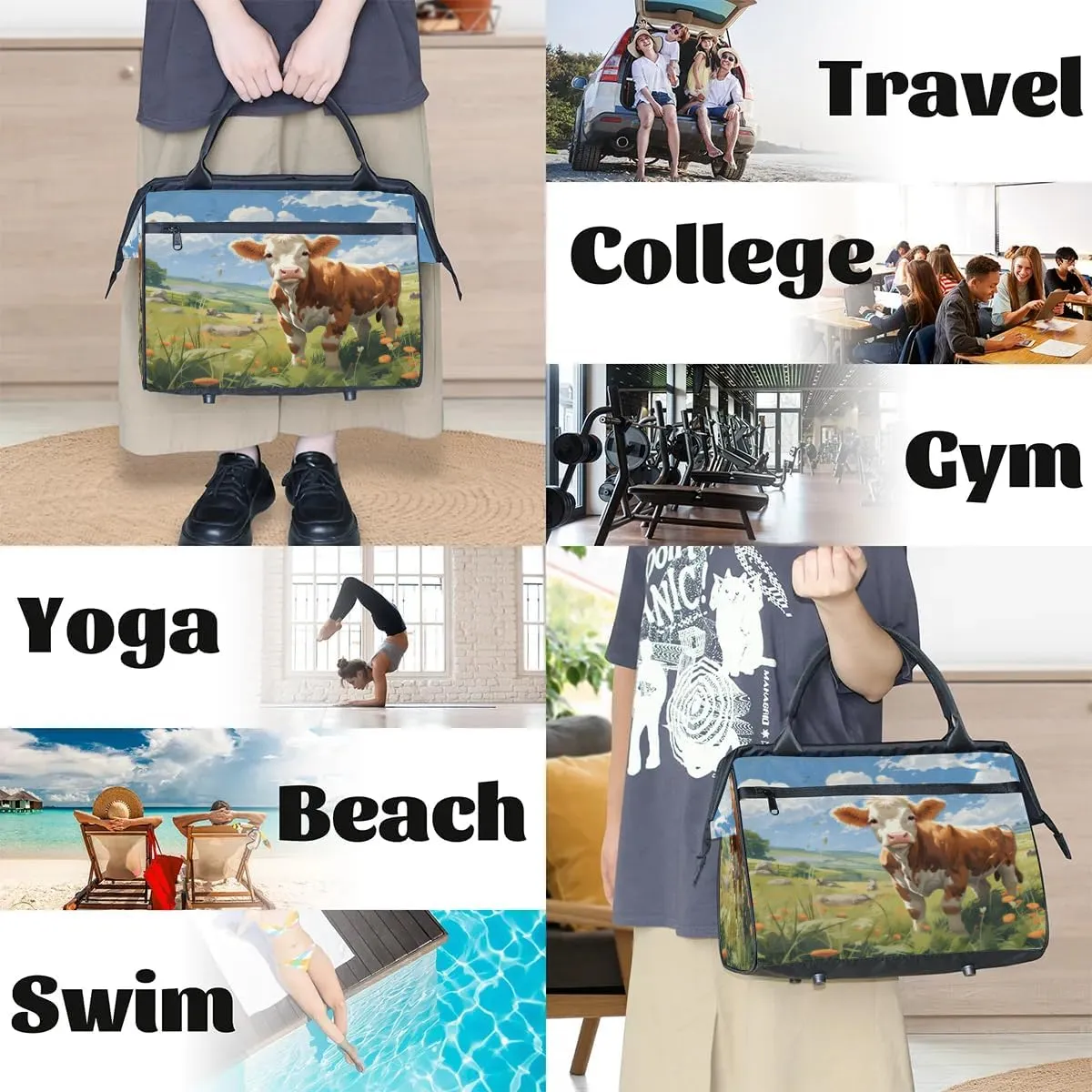 Travel Duffel Bag for Women, Dairy Cow Watercolor Weekender Overnight Bag Carry on Beach Swim Bags Dance Bag Airlines Approved Personal Item Travel Bag for Yoga, Sports, Hospital