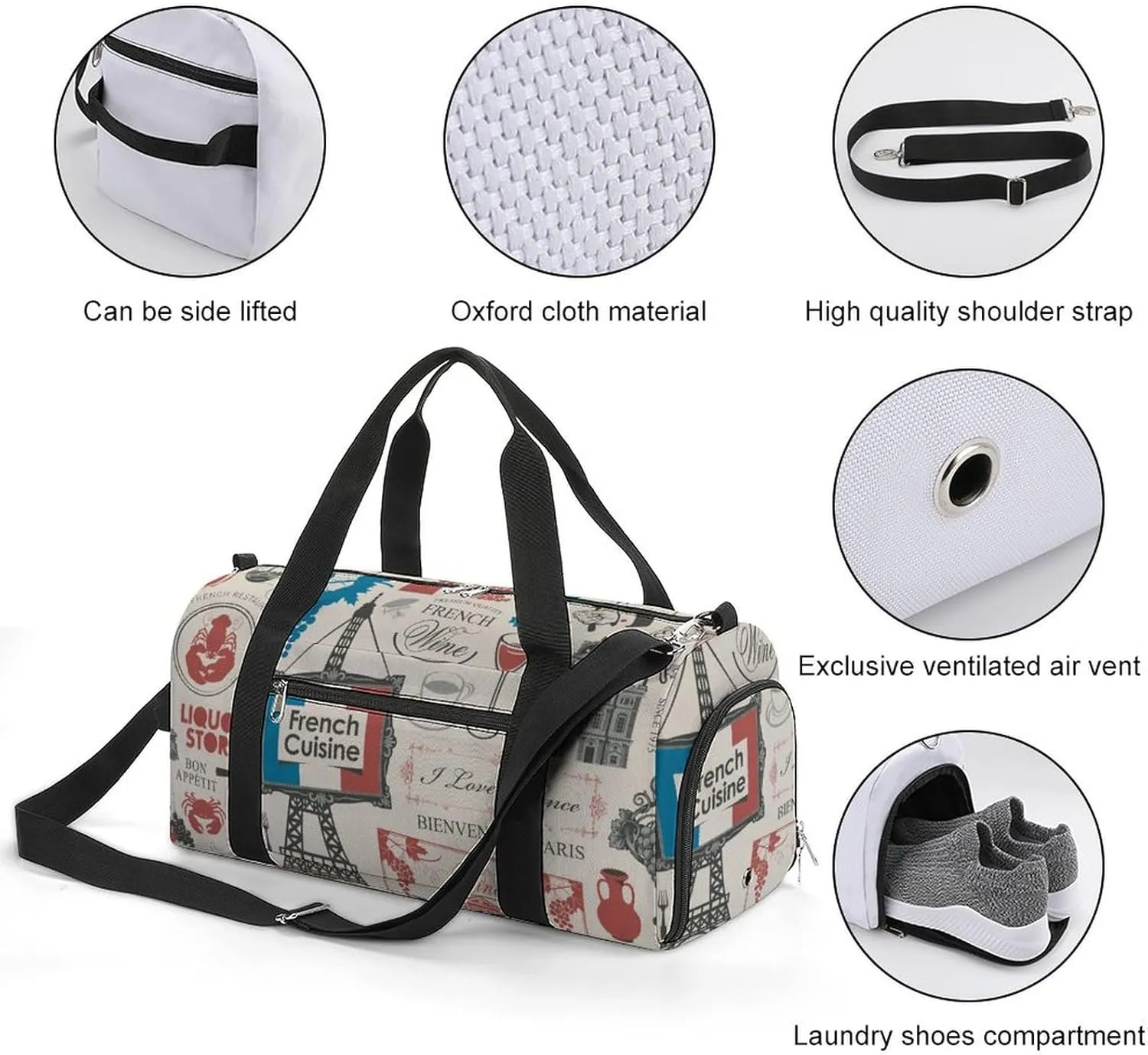 Travel Duffel Bag France Theme Valentine's Day with Shoe Compartment and Wet Pocket for Gym