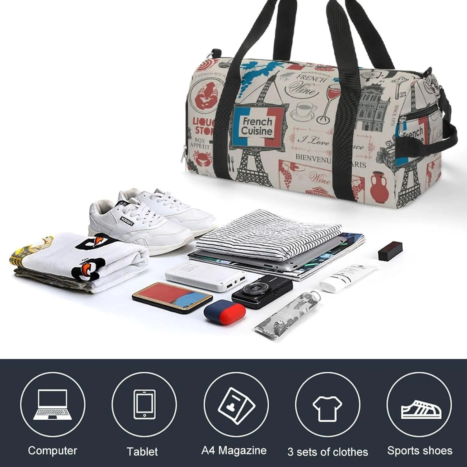 Travel Duffel Bag France Theme Valentine's Day with Shoe Compartment and Wet Pocket for Gym