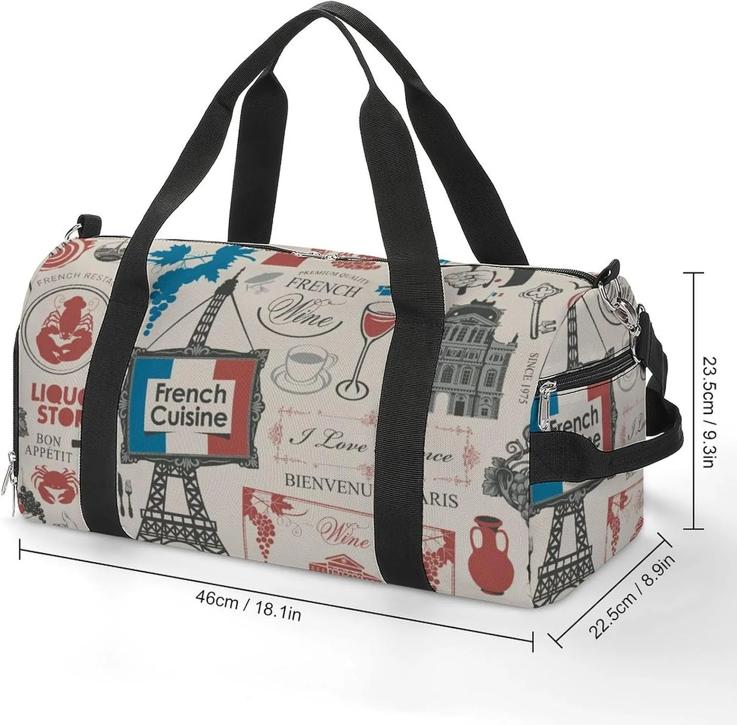 Travel Duffel Bag France Theme Valentine's Day with Shoe Compartment and Wet Pocket for Gym