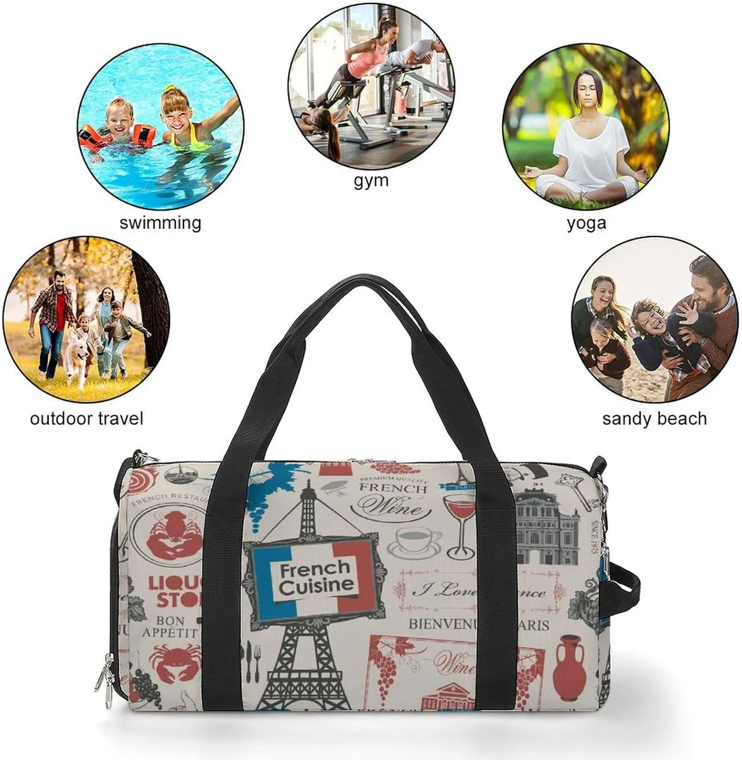 Travel Duffel Bag France Theme Valentine's Day with Shoe Compartment and Wet Pocket for Gym