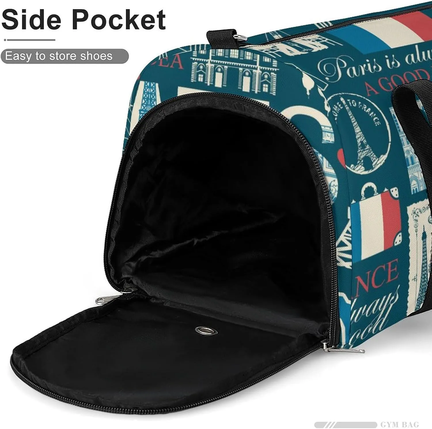 Travel Duffel Bag France Theme with Shoe Compartment and Wet Pocket for Gym