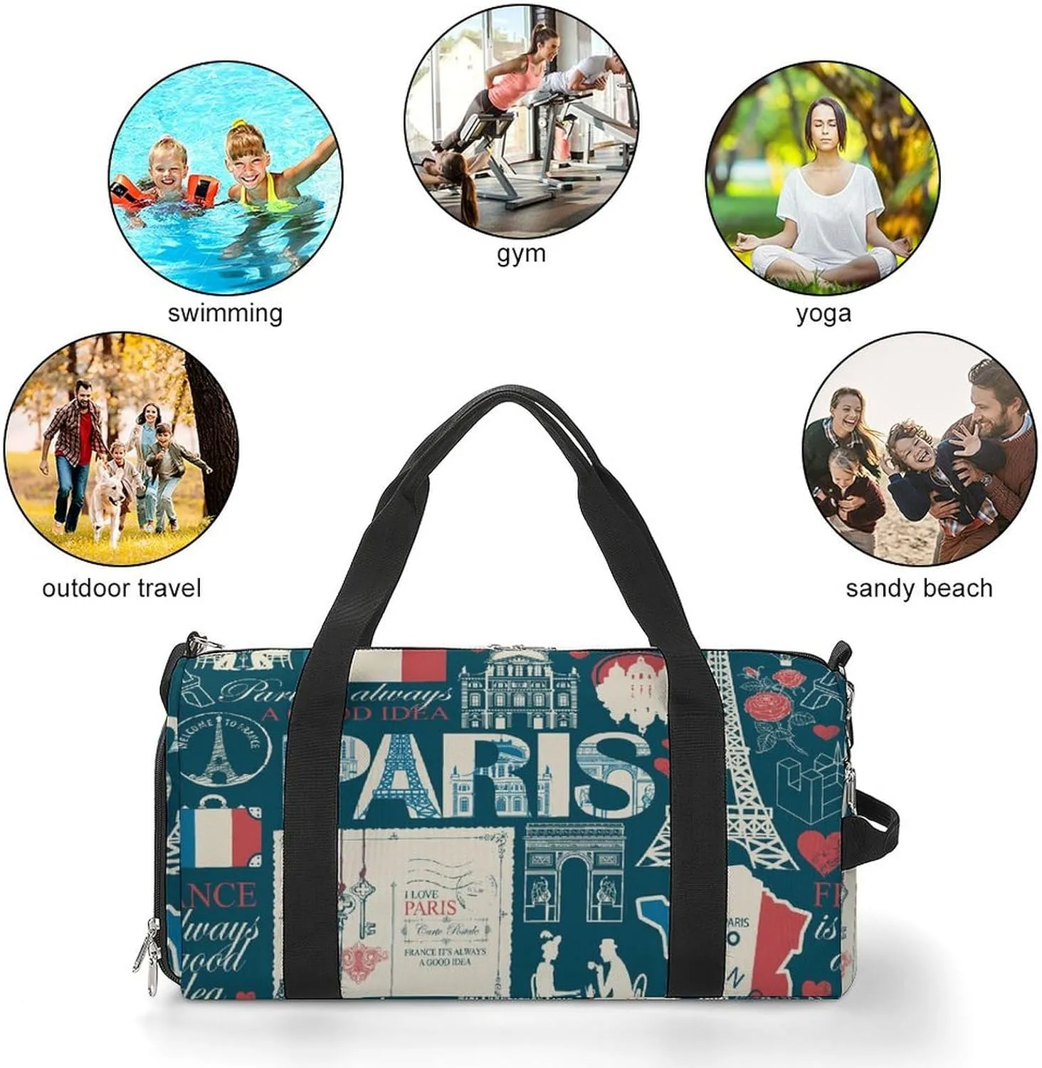 Travel Duffel Bag France Theme with Shoe Compartment and Wet Pocket for Gym